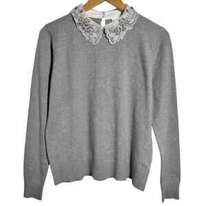 Sioni Milano‎ Gray Sweater Beaded Lace Peter Pan Collar Women's M Soft Girl Prep